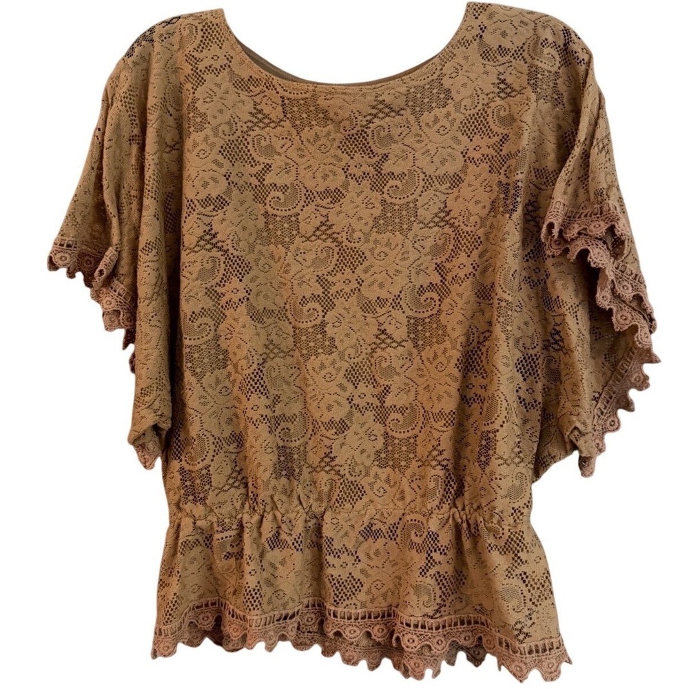 Charming Charlie Lace Top Women Large Tan Good Peplum Crochet Trim T0194